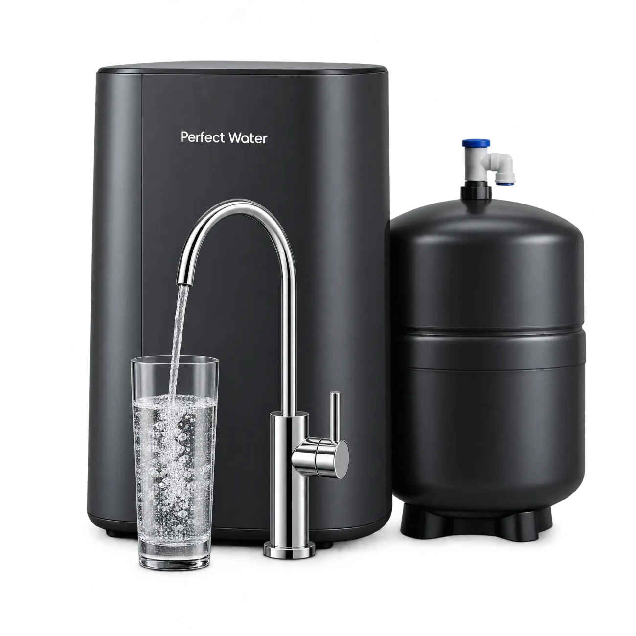 Reverse-osmosis drinking-water station with filtration cartridges, storage tank and dedicated faucet