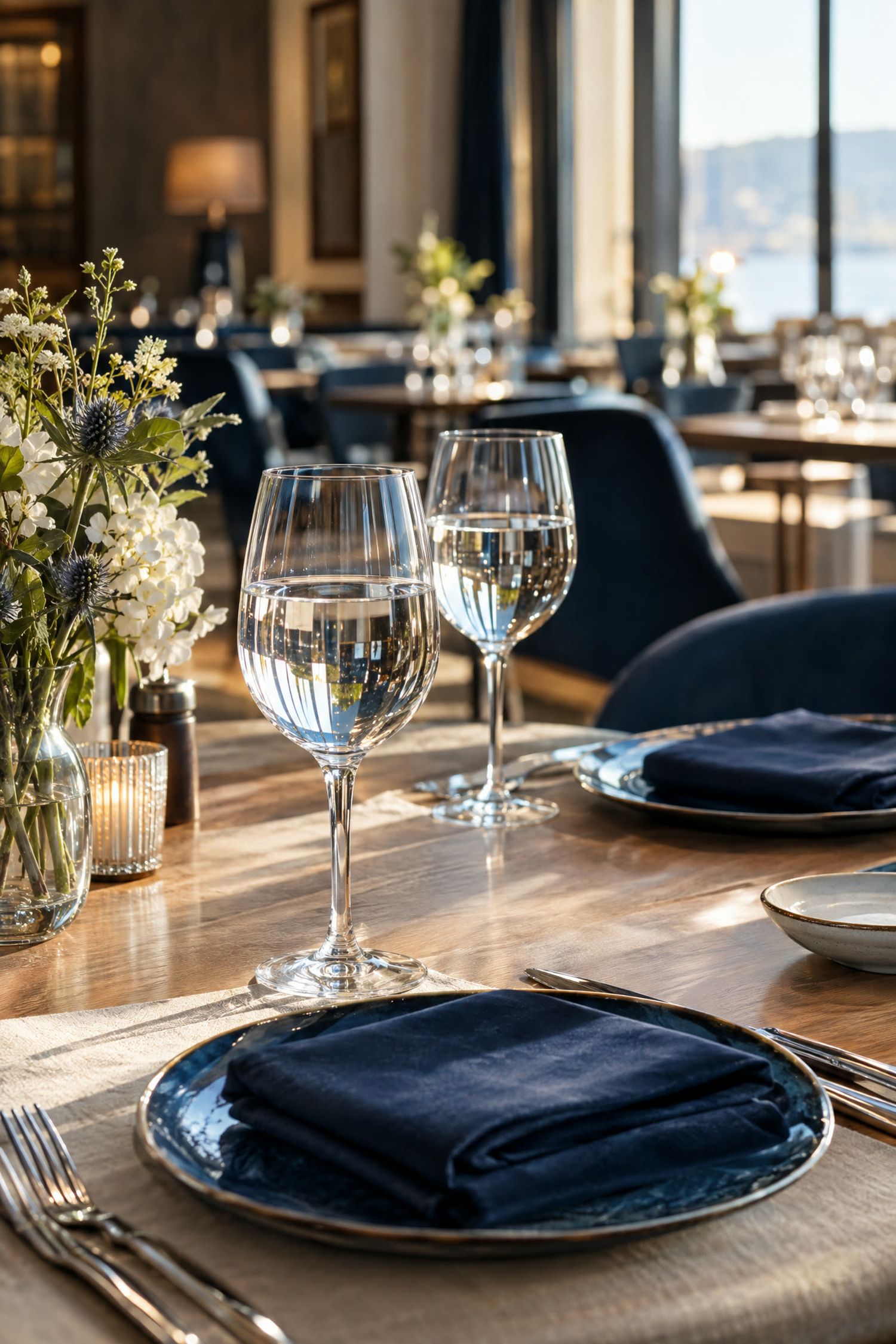 Clear glasses of water on an upscale restaurant table