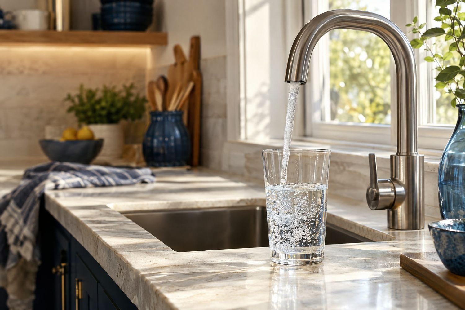 Fresh water filling a glass at a sunlit kitchen tap