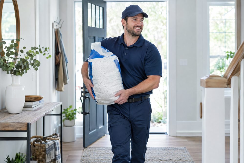A technician delivering water-softener salt for ongoing service