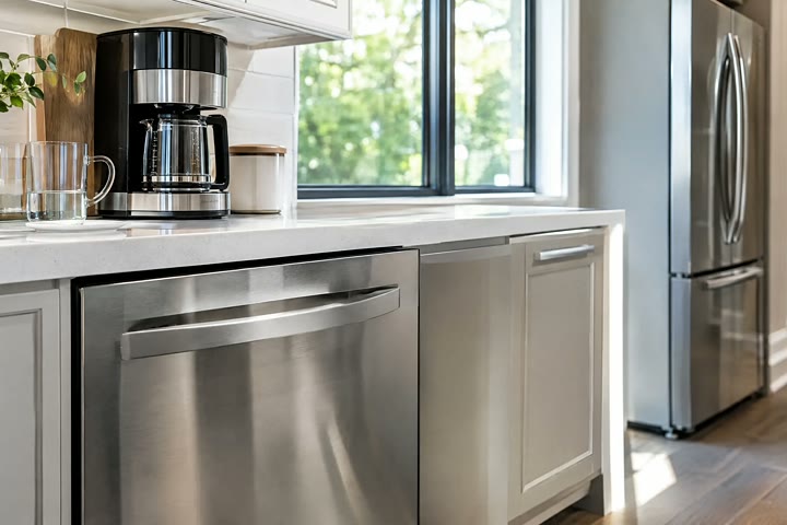 A clean dishwasher and coffee maker in a modern kitchen