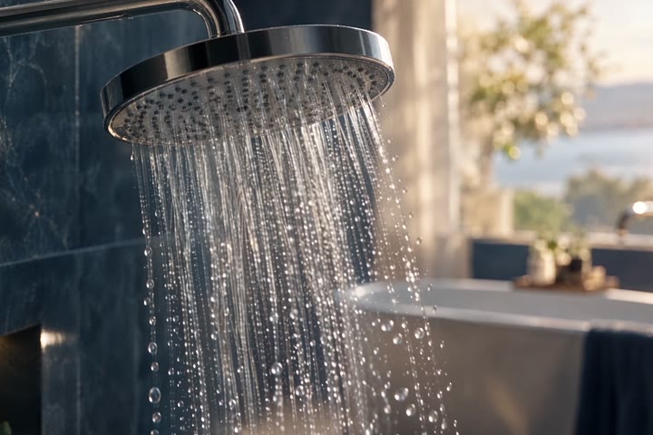 Clean water running from a rain showerhead