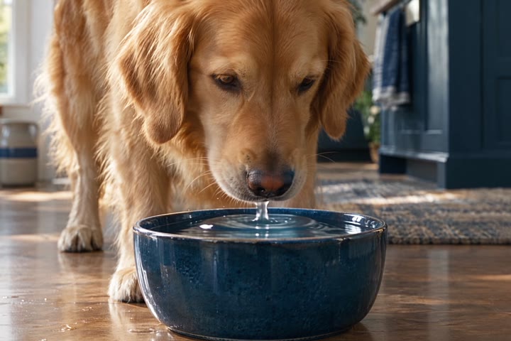 A dog drinking from its water bowl