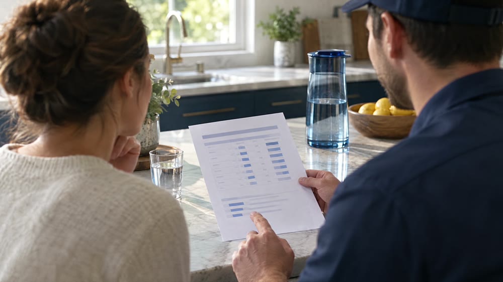 Reviewing the written water-test results together at the kitchen counter