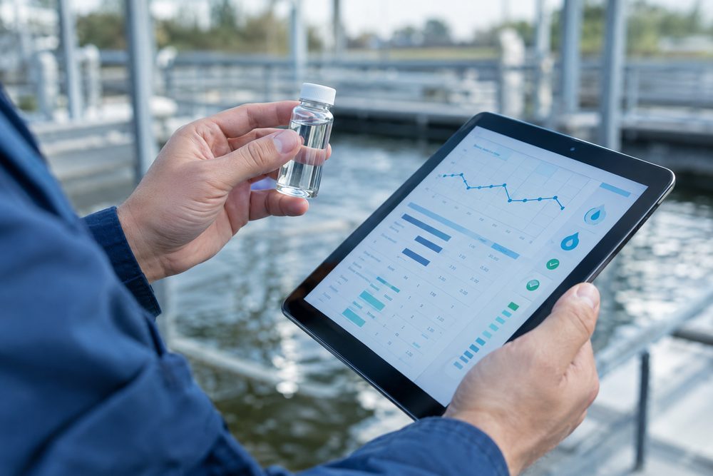 A technician matching a solution to a water-test result