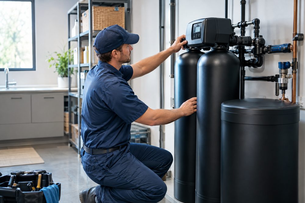 A technician servicing a whole-home water system