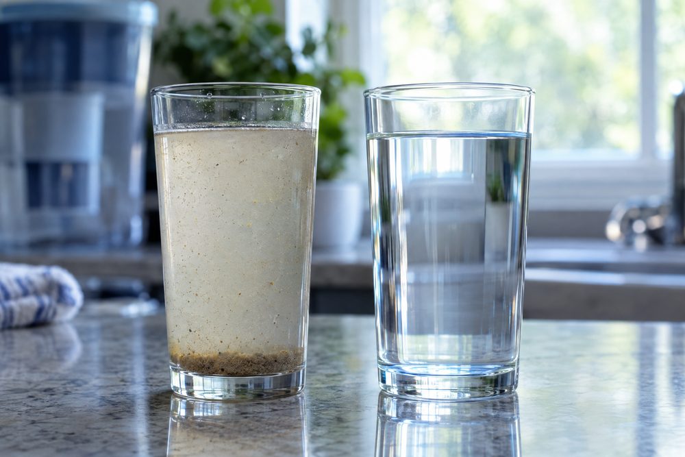 Cloudy sediment water beside clear filtered water